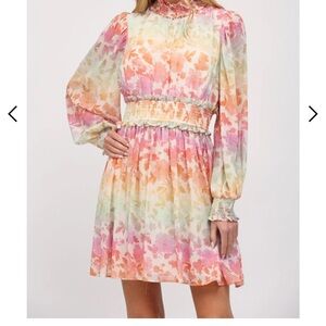 Fate Rainbow Ombre Chiffon Smocked Long Sleeve Dress Women’s Small Whimsy Fairy